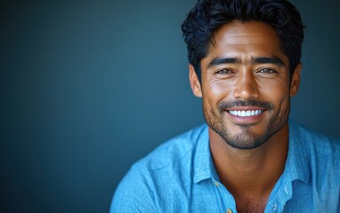 A man with a blue shirt and a smile on his face