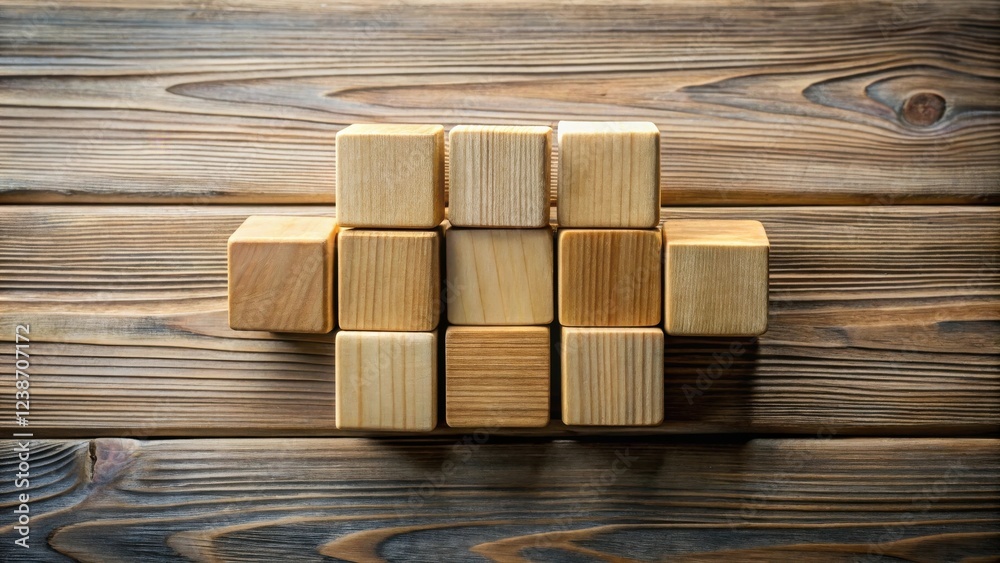 Poster Wooden blocks arranged in a unique pattern on a rustic wooden surface