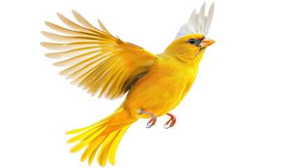Fototapeta premium Yellow canary with open wings flying on transparent background
