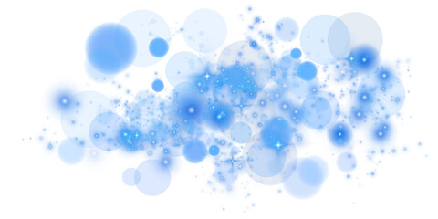 Glowing blue bokeh circles. Christmas background. Powder. Magic shining blue dust. Fine, shiny dust bokeh particles fall off slightly. Fantastic shimmer effect. PNG.