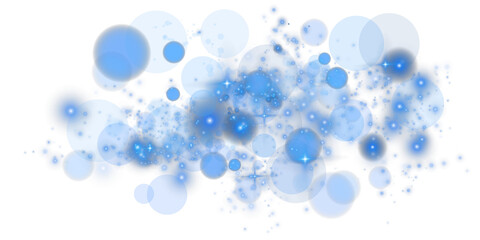 Glowing blue bokeh circles. Christmas background. Powder. Magic shining blue dust. Fine, shiny dust bokeh particles fall off slightly. Fantastic shimmer effect. PNG.