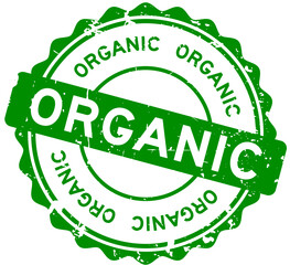 Grunge green organic word round seal stamp on white background