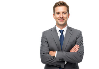 Naklejka premium Handsome businessman in formal wear smiling and looking at camera, isolated