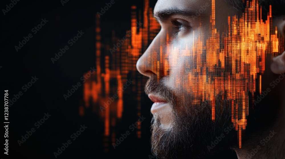 Poster Investor in a contemplative state with stock market predictions and AI-powered insights forming an abstract pattern Stock Photo with side copy space