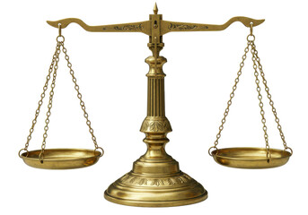 A vintage-style golden balance scale with intricate detailing, isolated on a white background