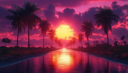 Sunset reflects on road between palms with cloudy horizon for travel or nature