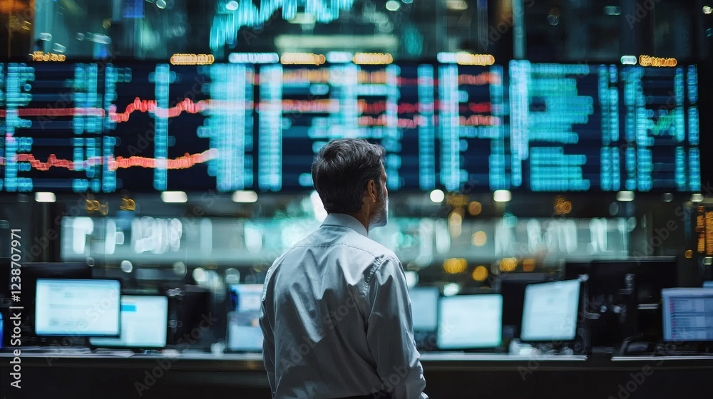 Poster Stock trader in a high-tech office with multiple monitors displaying fluctuating market trends Stock Photo with side copy space