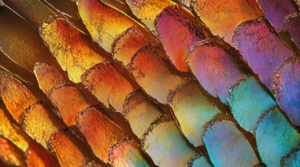 extreme close-up of a butterfly wing showing iridescent scales in microscopic detail, rainbow colors, crystalline structure