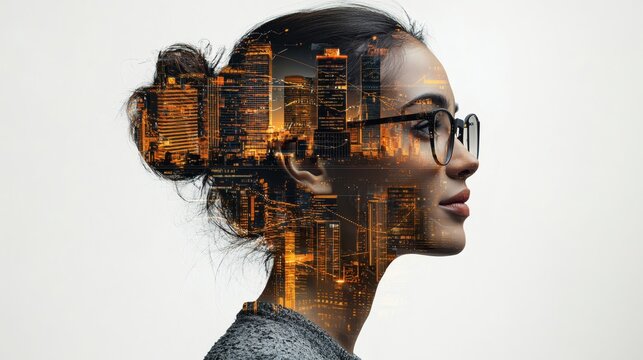 Financial thinker processing economic insights with an artistic double exposure of analytics and predictive graphs Stock Photo with side copy space