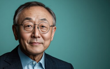 A man wearing glasses and a suit is smiling