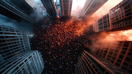 An intense aerial view of a dynamic cityscape filled with a large crowd under smoke and light effects, representing energy, excitement, and the pulse of urban life.