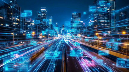 High-speed motion blur of futuristic city highway at night, glowing blue and white light trails stretching into distance, fast-paced urban energy