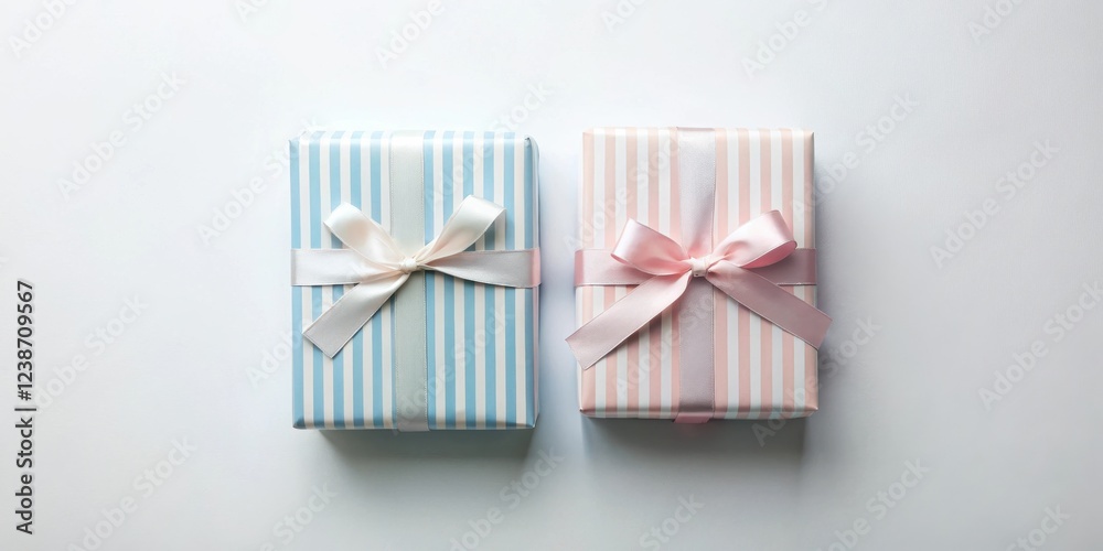 Poster two elegantly wrapped presents with pastel stripes and delicate bows rest on a smooth surface