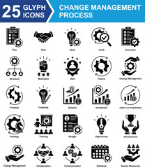 Change Management Process Icon Set Collection. Containing Plan, Deal, Ideas, Audit, Execution, Structure, Motivation, Skill, Failure, Change Management, Problem. Simple Blue Vector Illustration.