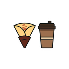 Drink and crepe set food icon represents a delightful snack combo, perfect for café menus, bakery designs, and dessert-themed illustrations.