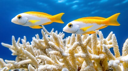 Fototapeta premium Two Vibrant Yellow Fish Swimming Above Coral Reefs in Clear Water