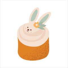 Colorful Easter eggs, bunnies and a festive cake isolated on a white background. Ideal for concepts related to Easter celebrations, holiday treats, spring and holiday cooking.