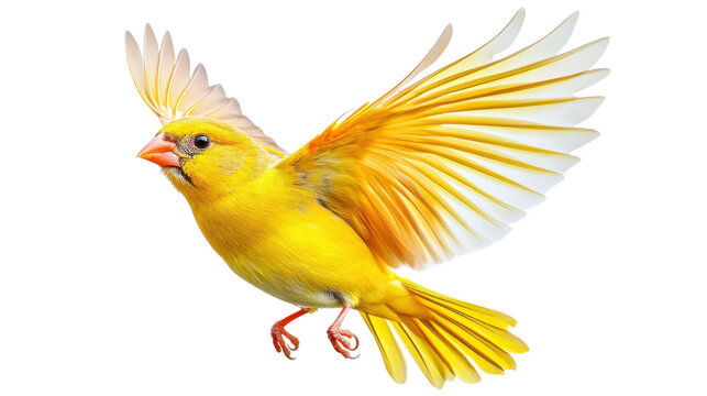 Yellow canary bird flying with open wings on transparent background