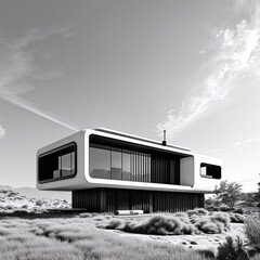 Futuristic house house black and white on plain white background