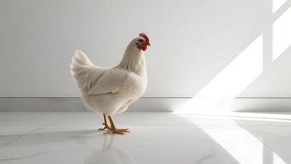 White Chicken Standing Calmly on Smooth White Floor, Minimalist Aesthetic with Soft Diffused Lighting and Plain White Background  
