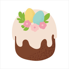 Colorful Easter eggs, bunnies and a festive cake isolated on a white background. Ideal for concepts related to Easter celebrations, holiday treats, spring and holiday cooking.