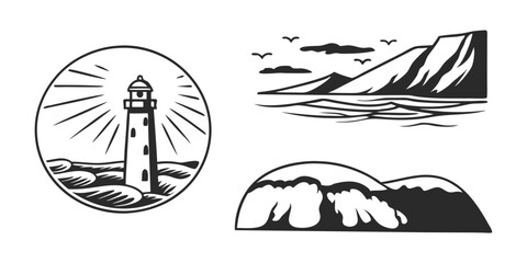 Hand-Drawn Seascape with Lighthouse – Coastal Landscape Sketch Illustration