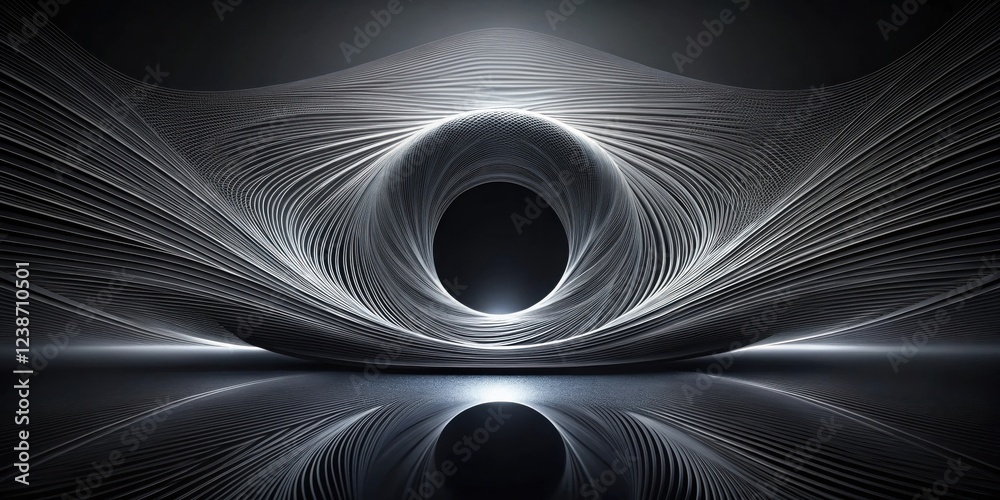 Leinwandbilder Abstract grayscale rendering of swirling, layered lines forming a tunnel-like structure with a dark central void and reflective surface