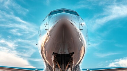 Jet airplane nose against a vibrant blue sky, emphasizing its sleek design and high speed feel
