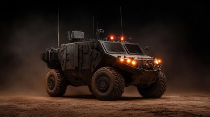 An armored military transport vehicle showcasing its bold design and tactical features, designed for security and protection in challenging environments.