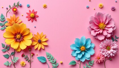 Vibrant Paper Flowers on Pink Background: A Delightful Springtime Floral Arrangement