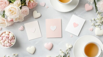 Valentine mockup card minimalist design. Romantic Arrangement of Tea Flowers and Heart Cards on a Soft Surface for Valentine's Day.