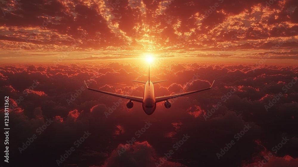 Poster an airplane glides smoothly through a sky painted with fiery colors as the sun sets below the horizo