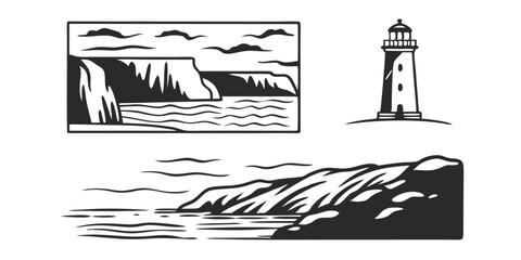 Hand-Drawn Seascape with Lighthouse – Coastal Landscape Sketch Illustration
