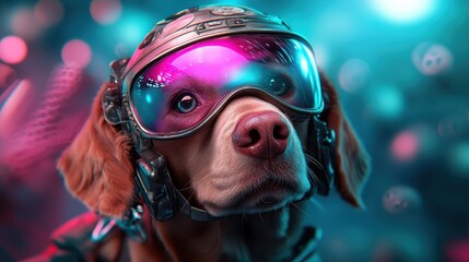 This image captures a dog adorned with a futuristic helmet, gazing into the cosmos amid vibrant colors and cosmic elements, merging loyalty with the spirit of exploration.