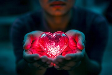 Sign of love and affection. Adult valentine's day greeting card: midlife man with begging eyes face holds red heart in hands. Commercial ad campaign conceptual art concept art. Love in the air.