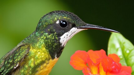 Fototapeta premium Colorful Hummingbird Feeding on Vibrant Tropical Flower