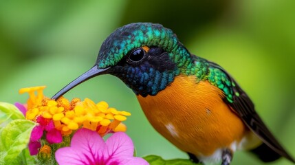 Obraz premium Vibrant Hummingbird Feeding on Colorful Flowers in Nature