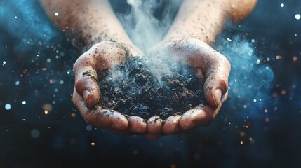 Hands holding soil with dust particles illuminated against a dark background