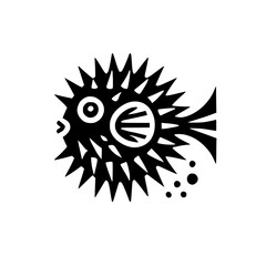 Bold Pufferfish: A Striking Black and White Graphic Design of a Spiky Sea Creature. This minimalist illustration is perfect for nature lovers and art enthusiasts.