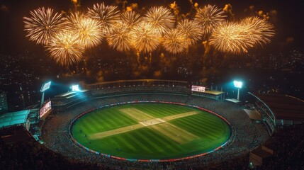 Aerial view of a cricket stadium filled with fans during a nighttime match, with vibrant golden fireworks lighting up the sky, creating a festive atmosphere.