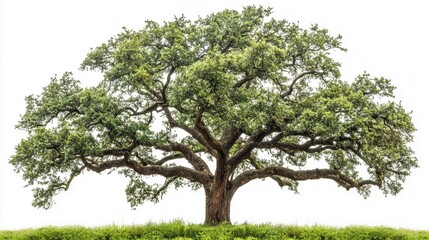 Obraz premium majestic ancient oak tree with sprawling branches and dense canopy, isolated on white background, showcasing intricate bark texture and lush green foliage