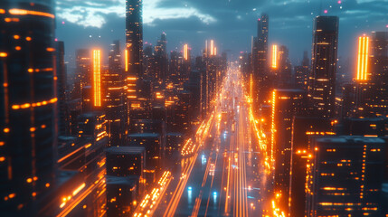 Fototapeta premium Futuristic city skyline with glowing buildings and vibrant lights