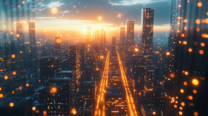 Futuristic city skyline with glowing lights at sunset