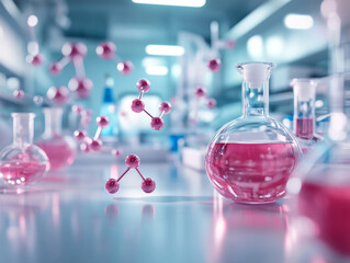 Laboratory with pink liquids and floating molecules in glassware
