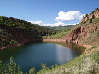 Serene lake nestled among rocky cliffs and lush green forests on a sunny day