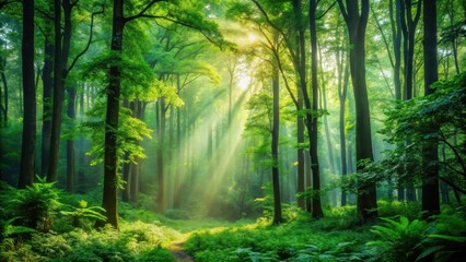 Fototapeta premium A serene forest enveloped in lush greenery with towering trees and vibrant foliage, creating a tranquil atmosphere