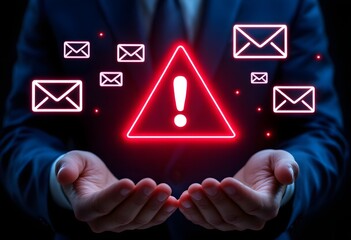 Business Person Holding Digital Alerts with Email Scam Warning Signs