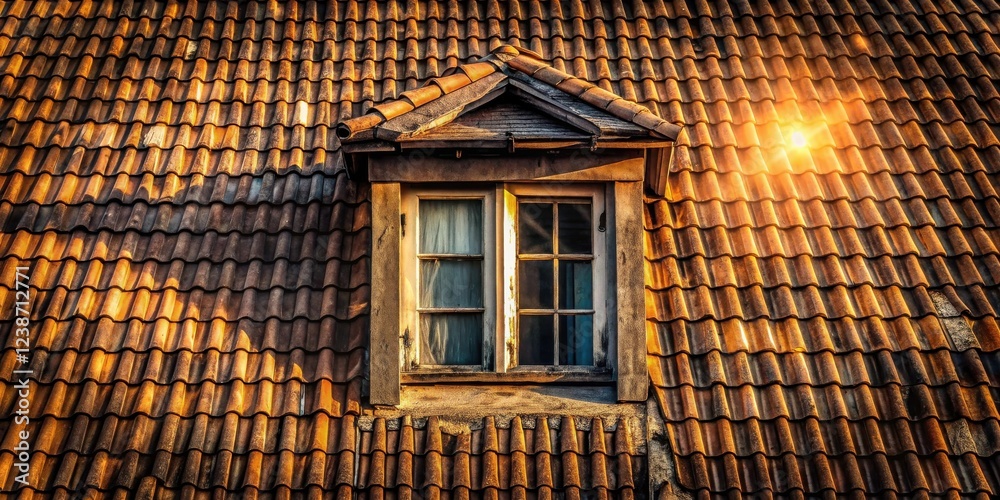Aufkleber golden hour illumination on a rustic roof with gable window