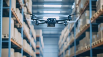 Modern warehouse utilizing drone technology for efficient inventory management, optimizing logistics and streamlining operations in a technologically advanced setting