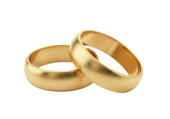 Two shiny golden wedding rings slightly overlapping, isolated on a white background